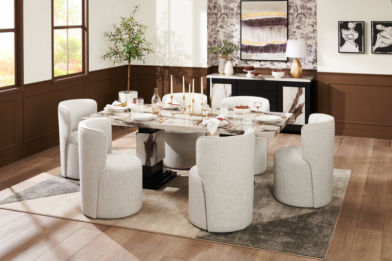 Vega Dining Table, Marble Look, Pedestal Base, 82\"W - Black & White