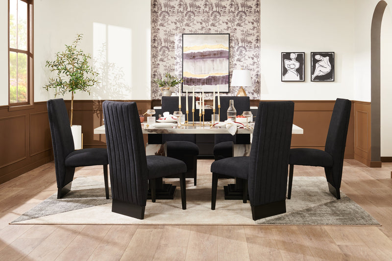Vega Dining Table, Marble Look, Pedestal Base, 82\"W - Black & White