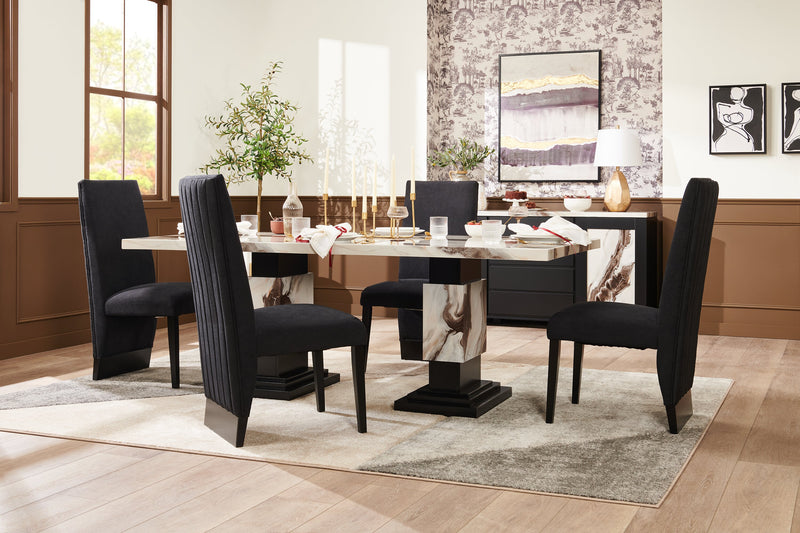 Vega Dining Table, Marble Look, Pedestal Base, 82\"W - Black & White