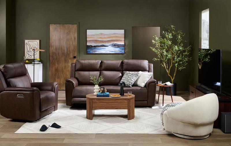 Vibe 85\" Genuine Leather Massage Power Reclining Sofa with Immersive Audio and Power Headrests - Brown