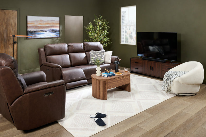 Vibe 85\" Genuine Leather Massage Power Reclining Sofa with Immersive Audio and Power Headrests - Brown