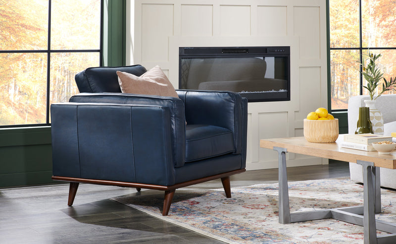 Vivia 40\" Genuine Leather Chair with Removable Seat Cushion and Wood Base - Navy Blue
