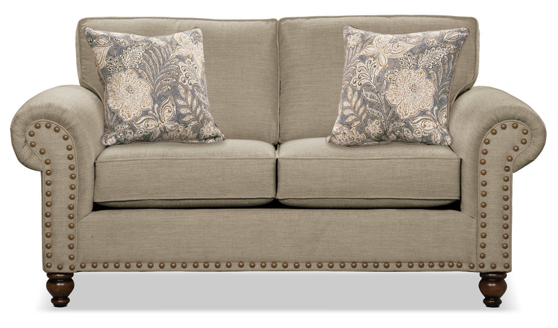 Made in Canada Wynn 70\" Chenille Fabric Loveseat with Nailhead Trim and Wood Bun Legs - Taupe