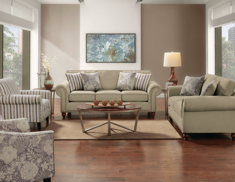 Made in Canada Wynn 70\" Chenille Fabric Loveseat with Nailhead Trim and Wood Bun Legs - Taupe