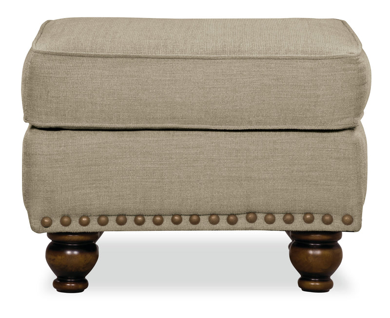 Made in Canada Wynn 24\" Chenille Fabric Ottoman with Nailhead Trim and Wood Bun Legs - Taupe