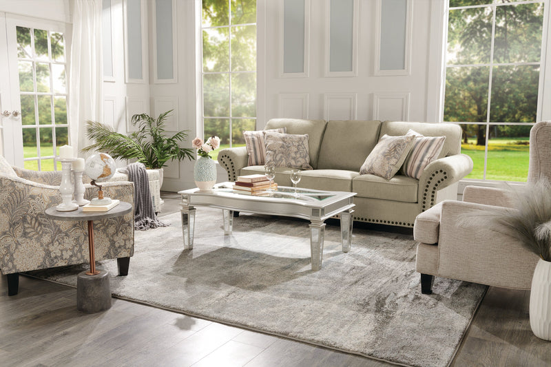 Made in Canada Wynn 93\" Chenille Fabric Sofa with Nailhead Trim and Wood Bun Legs - Taupe