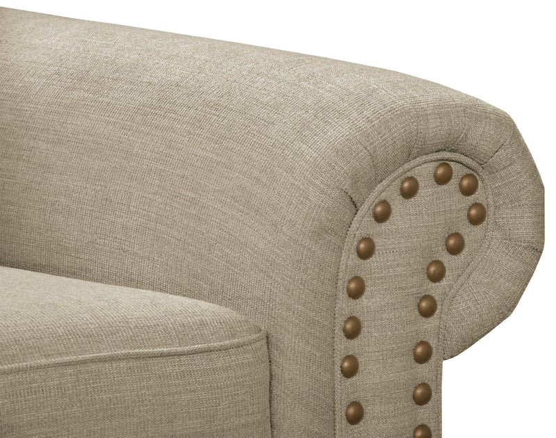 Made in Canada Wynn 93\" Chenille Fabric Sofa with Nailhead Trim and Wood Bun Legs - Taupe