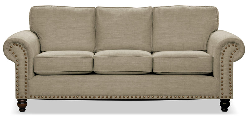 Made in Canada Wynn 93\" Chenille Fabric Sofa with Nailhead Trim and Wood Bun Legs - Taupe