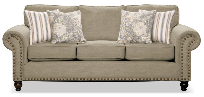 Made in Canada Wynn 93\" Chenille Fabric Sofa with Nailhead Trim and Wood Bun Legs - Taupe