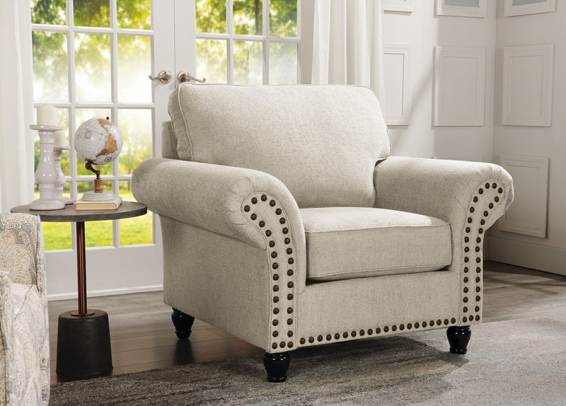 Made in Canada Wynn 47\" Chenille Fabric Chair with Nailhead Trim and Wood Bun Legs - Linen Beige