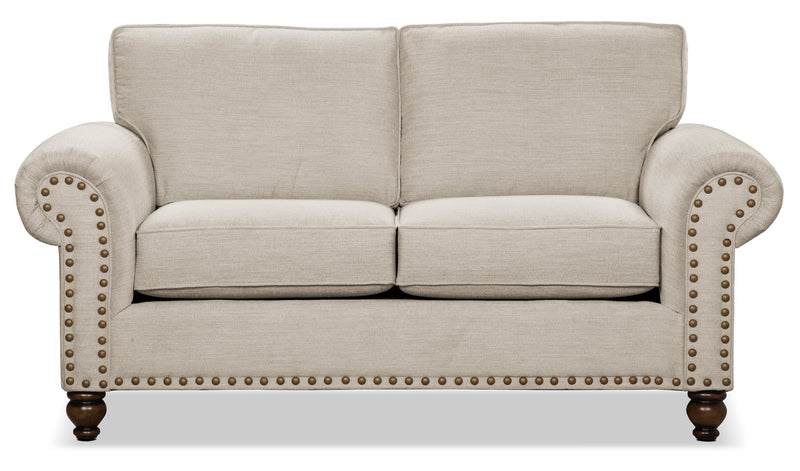 Made in Canada Wynn 70\" Chenille Fabric Loveseat with Nailhead Trim and Wood Bun Legs - Linen