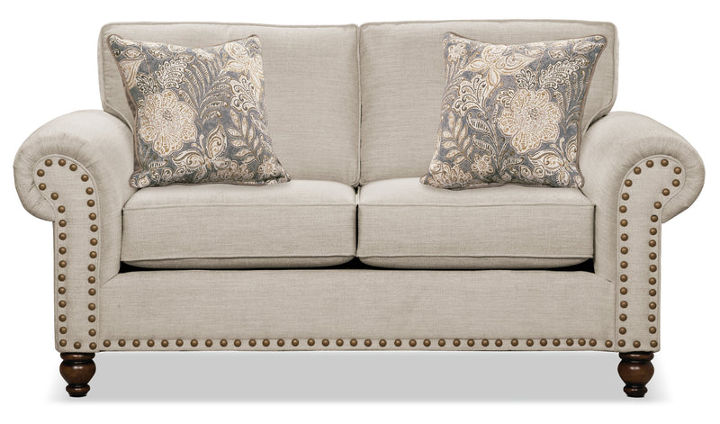 Made in Canada Wynn 70\" Chenille Fabric Loveseat with Nailhead Trim and Wood Bun Legs - Linen
