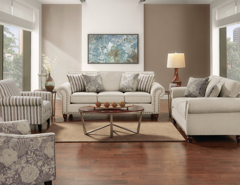 Made in Canada Wynn 70\" Chenille Fabric Loveseat with Nailhead Trim and Wood Bun Legs - Linen