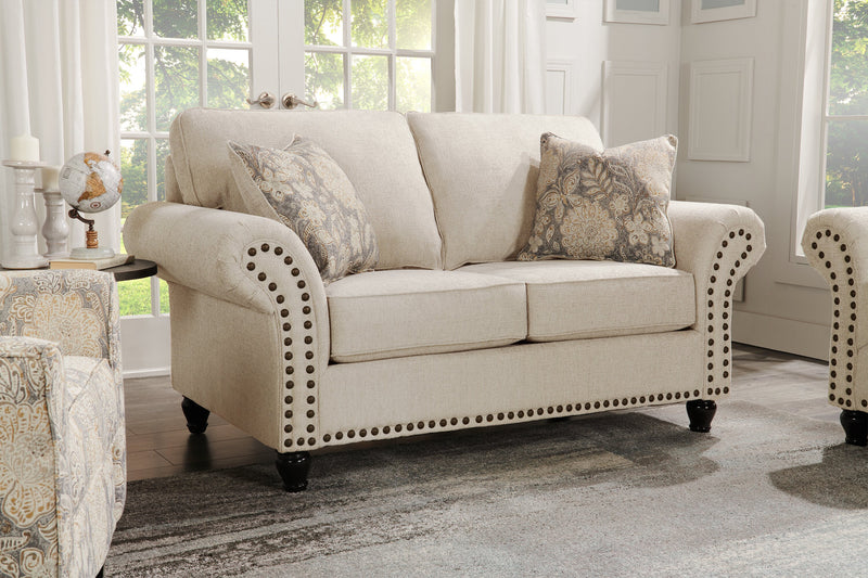Made in Canada Wynn 70\" Chenille Fabric Loveseat with Nailhead Trim and Wood Bun Legs - Linen