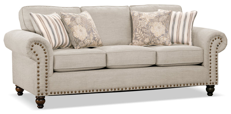 Made in Canada Wynn 93\" Chenille Fabric Sofa with Nailhead Trim and Wood Bun Legs - Linen Beige