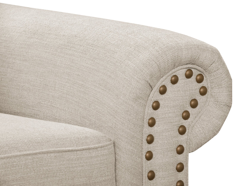 Made in Canada Wynn 93\" Chenille Fabric Sofa with Nailhead Trim and Wood Bun Legs - Linen Beige