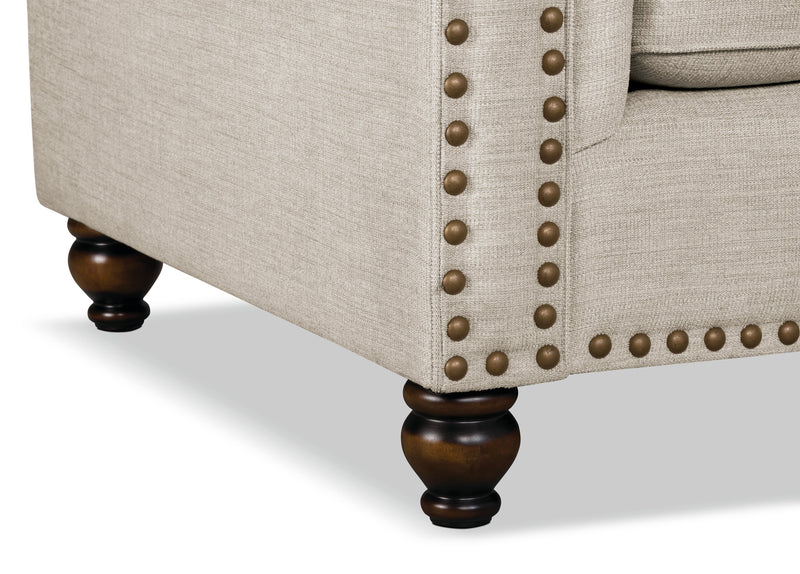 Made in Canada Wynn 93\" Chenille Fabric Sofa with Nailhead Trim and Wood Bun Legs - Linen Beige