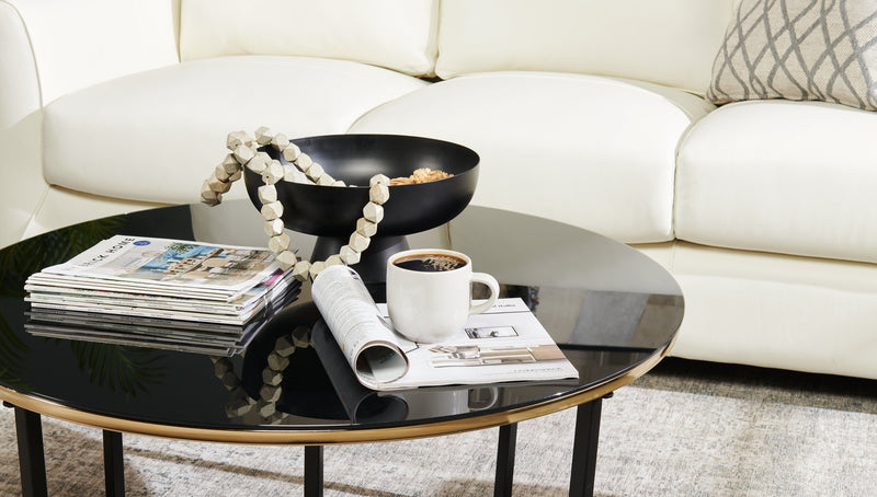 Xander 36\" Modern Round Glass Top Coffee Table - Black and Gold with Metal Legs