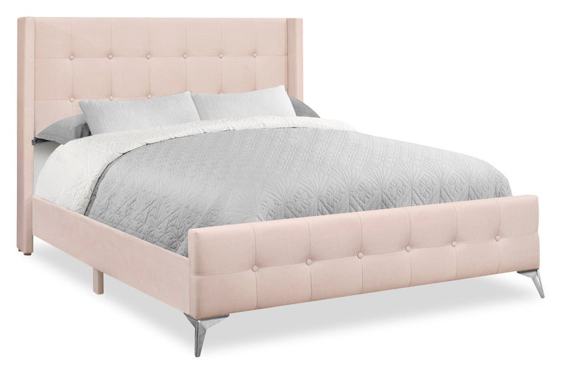 Zara Upholstered Bed in Pink Linen-Look Fabric - Button Tufted - Queen Size