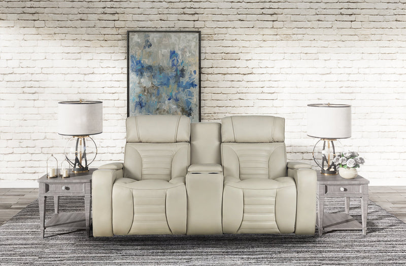 Zen 75.5\" Leather-Look Fabric Power Reclining Massage Loveseat with Refrigerator Console - Apricot