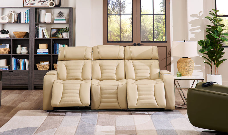 Zen 86\" Leather-Look Fabric Power Reclining Massage Sofa with Power Headrests and Drop-Down Console - Apricot