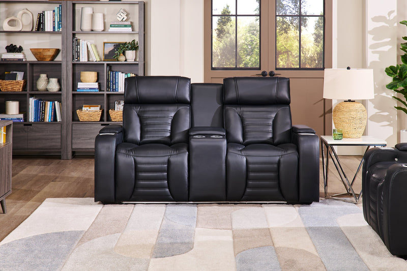 Zen 75.5\" Leather-Look Fabric Power Reclining Massage Loveseat with Refrigerator Console - Black