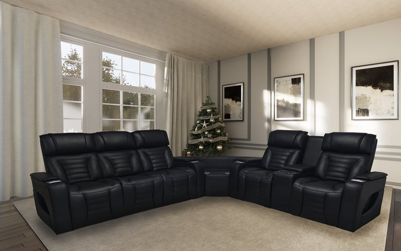 Zen 3-Piece Leather-Look Fabric Power Reclining Sectional with Massage, Drop-Down Console and Refrigerator - Black