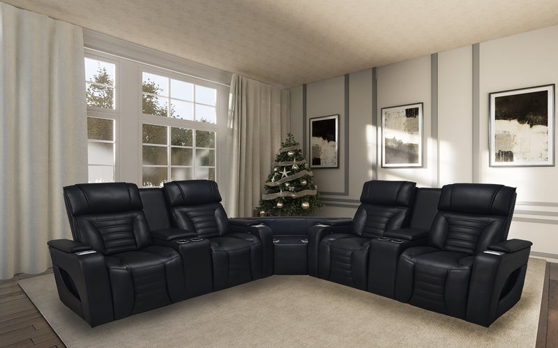Zen 3-Piece Leather-Look Fabric Power Reclining Sectional with Massage and Two Refrigerator Consoles - Black