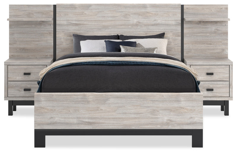Zen Pier Bed with Headboard, Frame, Nightstands & Piers, USB, LED, Light Grey - Queen Size