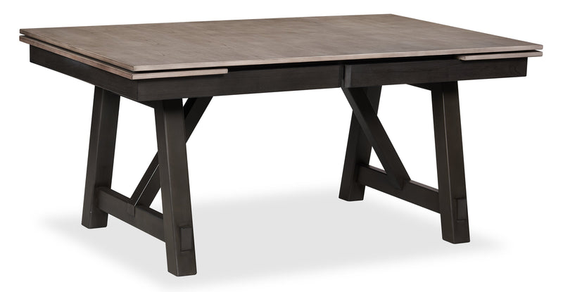 Zao Dining Table with 66-94\"W Extension, Melamine, Trestle Base - Brown