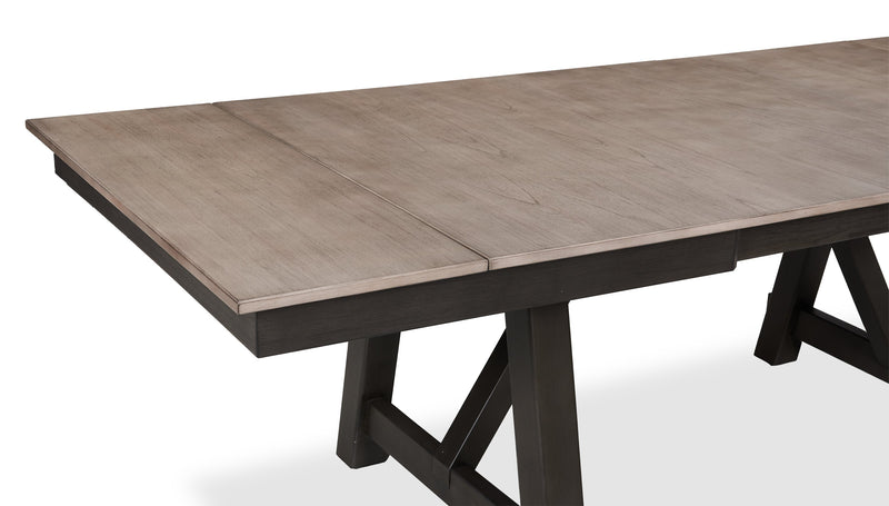 Zao Dining Table with 66-94\"W Extension, Melamine, Trestle Base - Brown