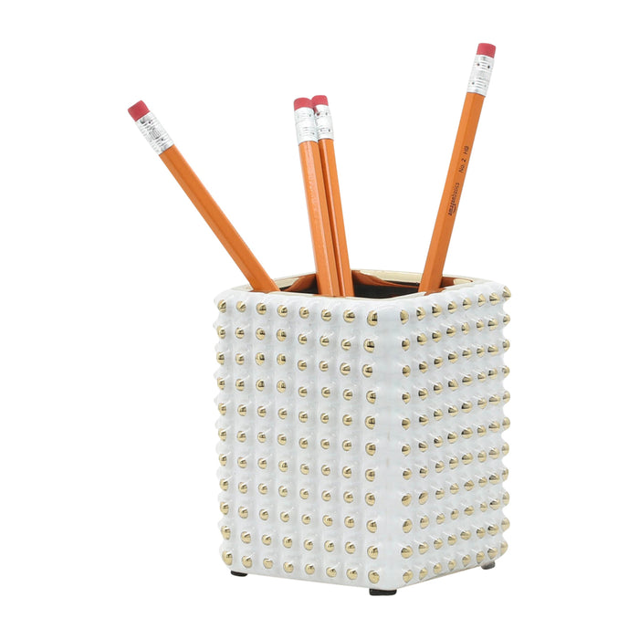 White and Gold 4\" Ceramic Pen Holder