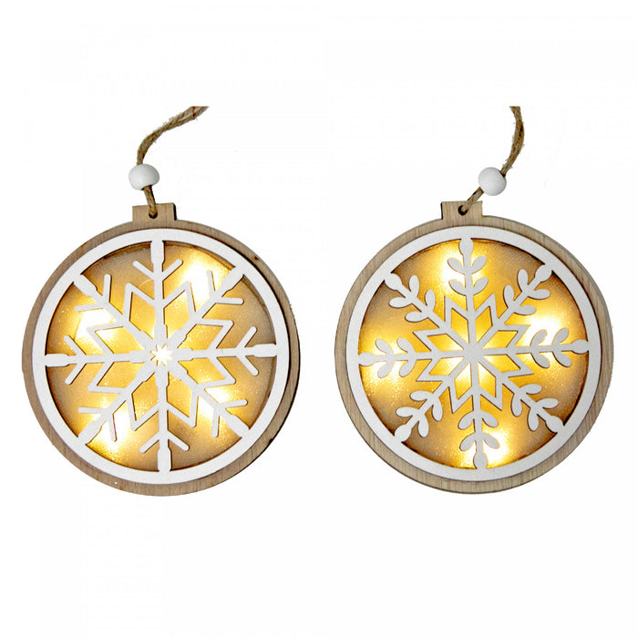 LED Wooden Round Snowflake Ornament - Set of 12 Christmas Ornaments