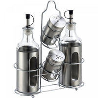 Twin Sauce Jars with Salt and Pepper Shaker on Stand