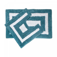 2pc Cotton Bathmat Set White/Blue Border Bathmat