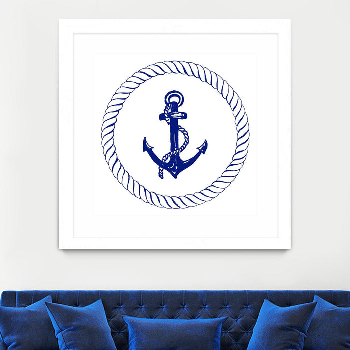 \"Blue Nautical Circle I\" Matted and Framed White 36x36 Wall Art