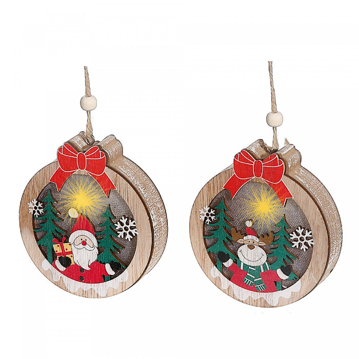 LED Wooden Round Shape Ornament - Set of 2 Christmas Ornaments