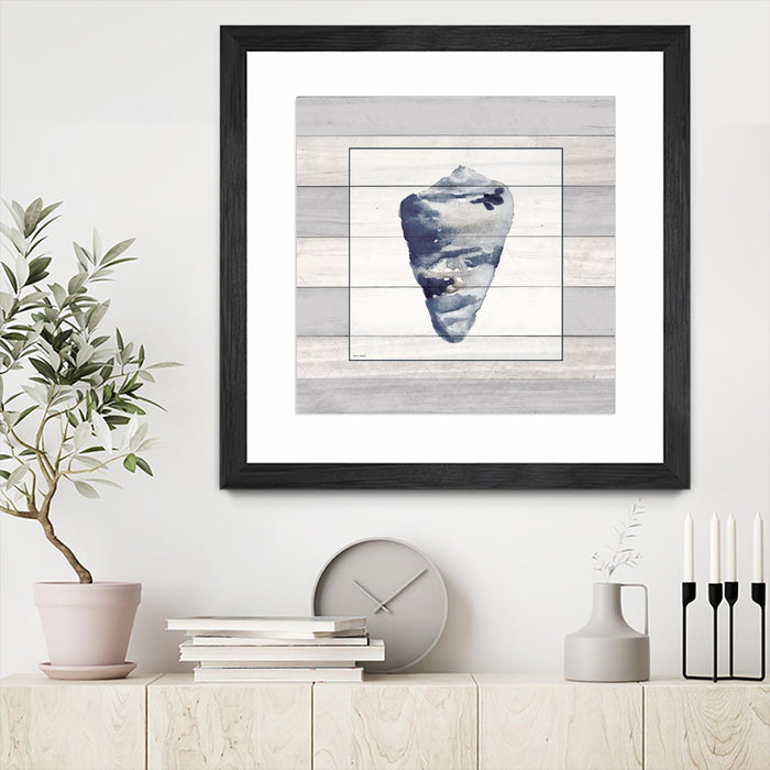 \"Muted Blue Shell On Wood\" Matted and Framed Black 36x36 Wall Art