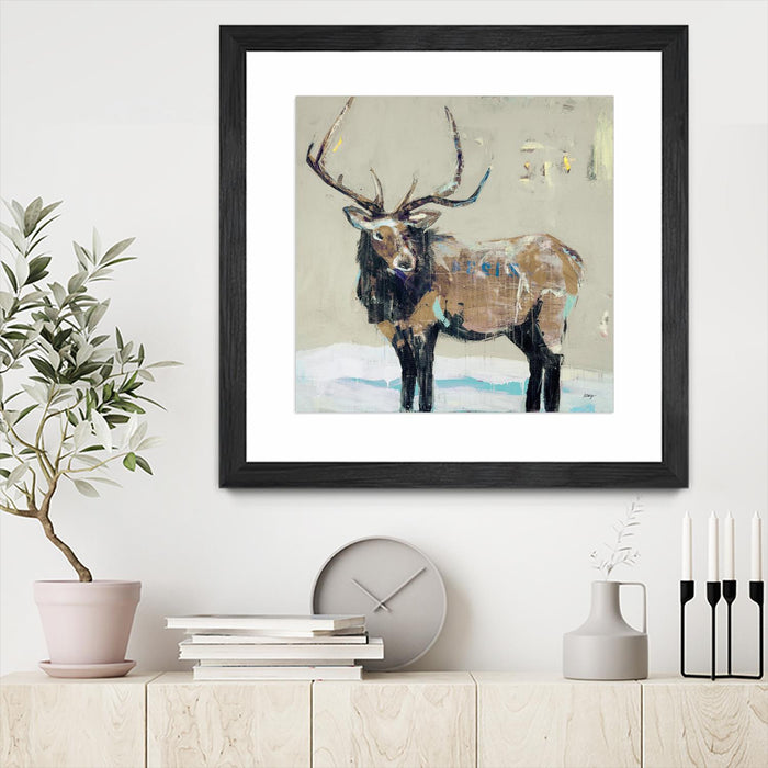 \"Winter Elk Neutral\" Matted and Framed Black 36x36 Wall Art
