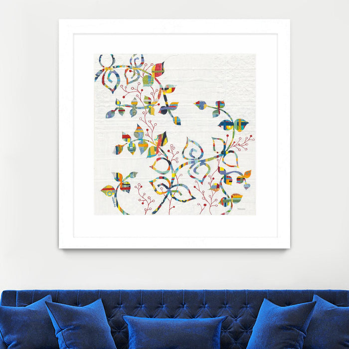 \"Rainbow Vines With Berries\" Matted and Framed White 36x36 Wall Art