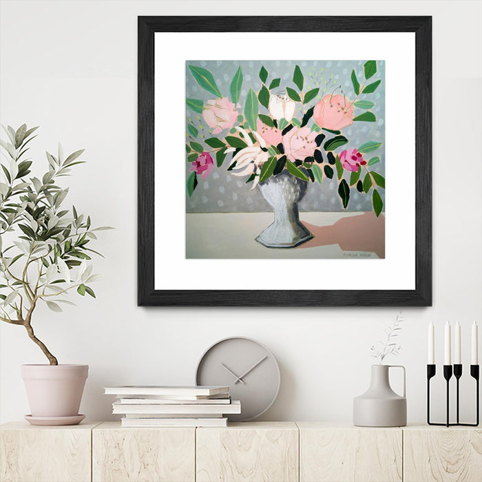 \"Spring Florals 1\" Matted and Framed Black 36x36 Wall Art