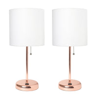 Limelights Rose Gold Stick Lamp With Usb Charging Port And Fabric Shade 2 Pack Set, White Lamp Set 