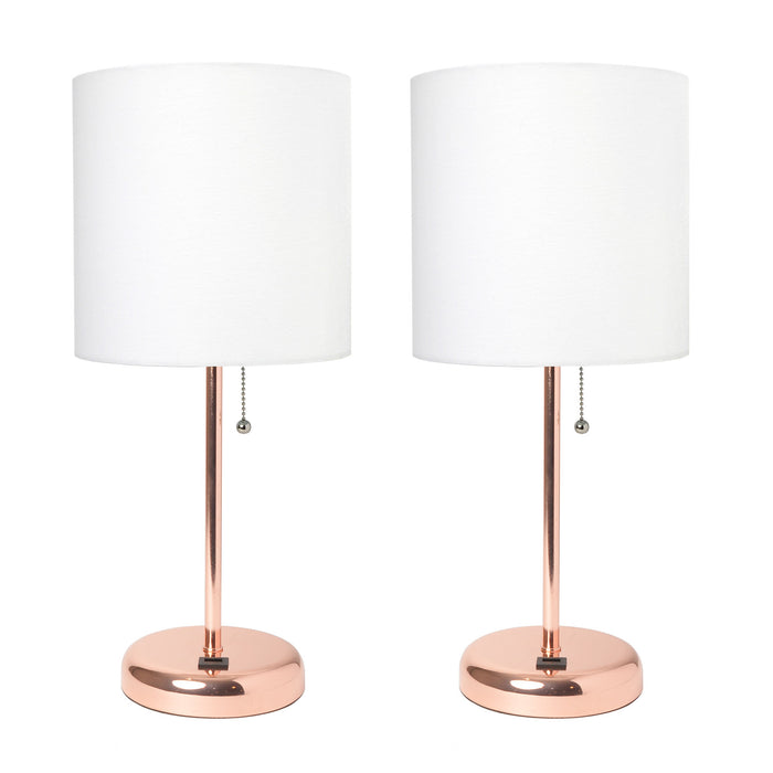 Limelights Rose Gold Stick Lamp With Usb Charging Port And Fabric Shade 2 Pack Set, White Lamp Set 