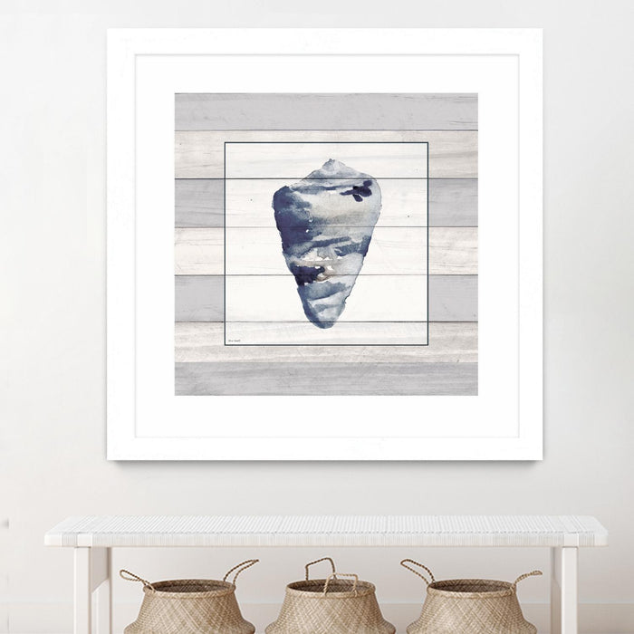 \"Muted Blue Shell On Wood\" Matted and Framed White 36x36 Wall Art