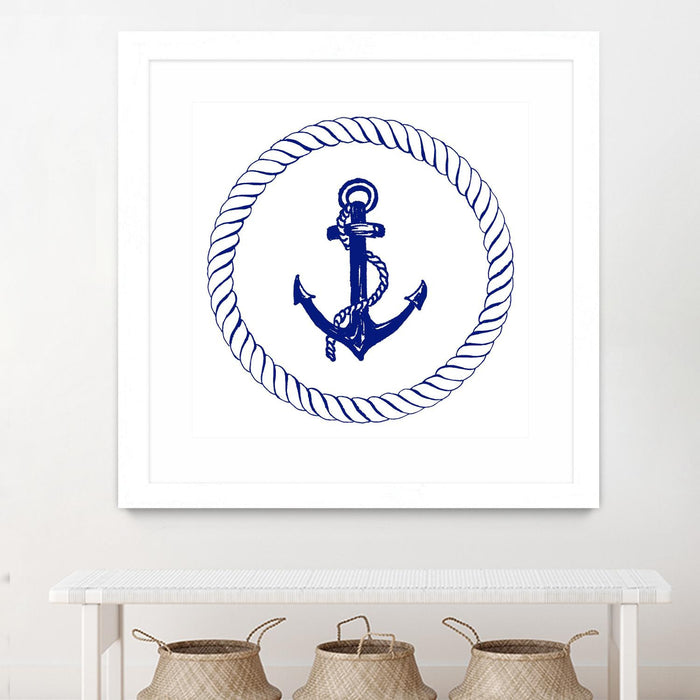 \"Blue Nautical Circle I\" Matted and Framed White 36x36 Wall Art