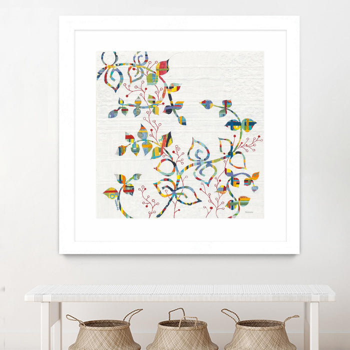 \"Rainbow Vines With Berries\" Matted and Framed White 30x30 Wall Art