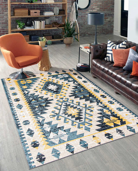 Mosaic Taupe/Blue Machine Washable Area Rug - 3'0\" x 5'0\"