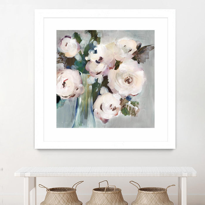 \"Pale Pink Bouquet I\" Matted and Framed White 36x36 Wall Art