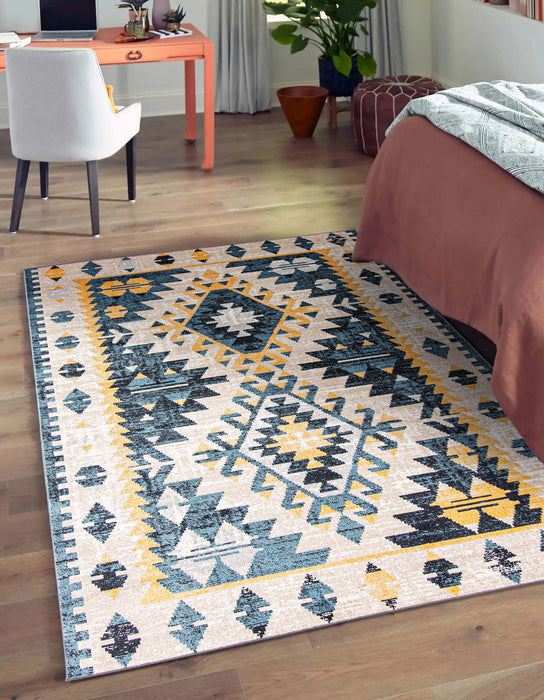 Mosaic Taupe/Blue Machine Washable Area Rug - 6'0\" x 9'0\"