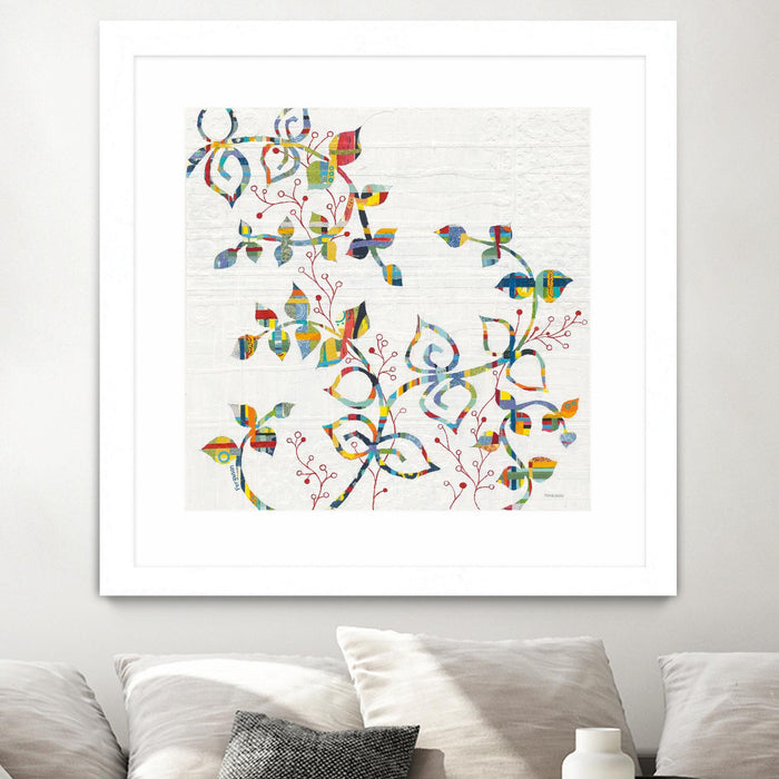 \"Rainbow Vines With Berries\" Matted and Framed White 36x36 Wall Art